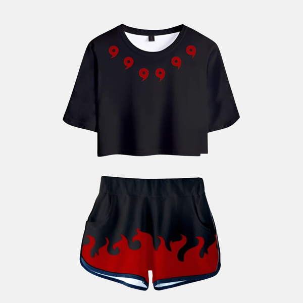 Ensemble pyjama femme noir : crop top avec symboles Magatama Rikudô rouges et short assorti avec détails rouges, inspiré de Madara Uchiha (Naruto Shippuden).