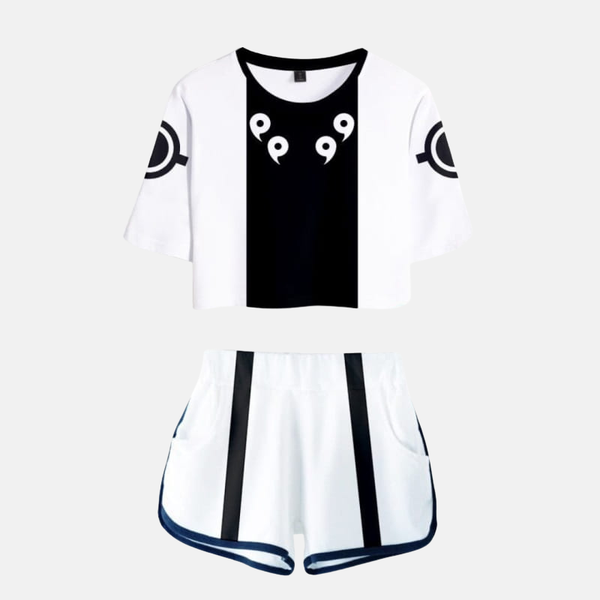 Ensemble pyjama femme Naruto : crop top blanc avec symboles Rikudô noirs, short noir avec détails blancs. Inspiré de Madara Uchiha.