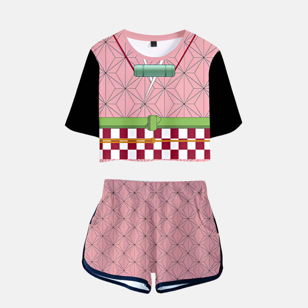 Ensemble pyjama femme Demon Slayer composé d'un crop top noir avec motif Asanoha rose sur les épaules/manches et d'un short assorti à motif Asanoha rose.