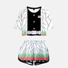 Ensemble pyjama femme Demon Slayer : crop top blanc avec manches et détails noirs/verts inspirés du papillon de Shinobu, short noir assorti avec détails.