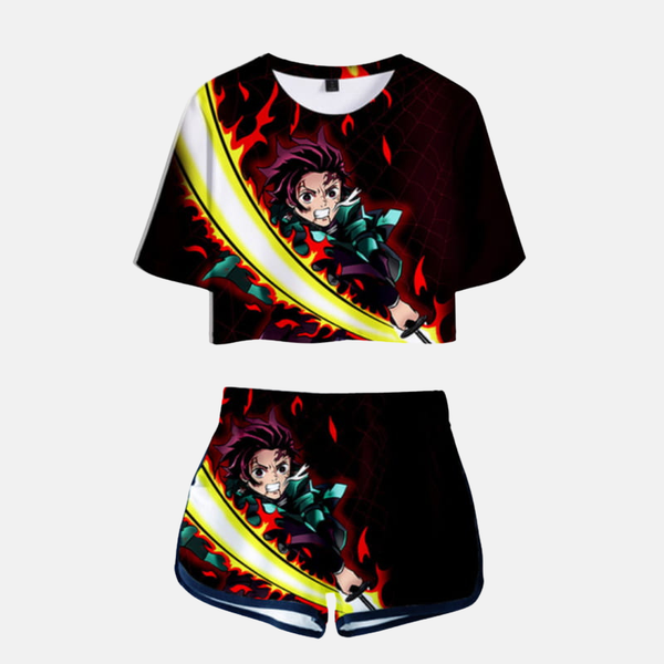 Ensemble pyjama femme Demon Slayer composé d'un crop top noir avec design de Tanjiro et d'un short assorti à motif damier vert/noir.