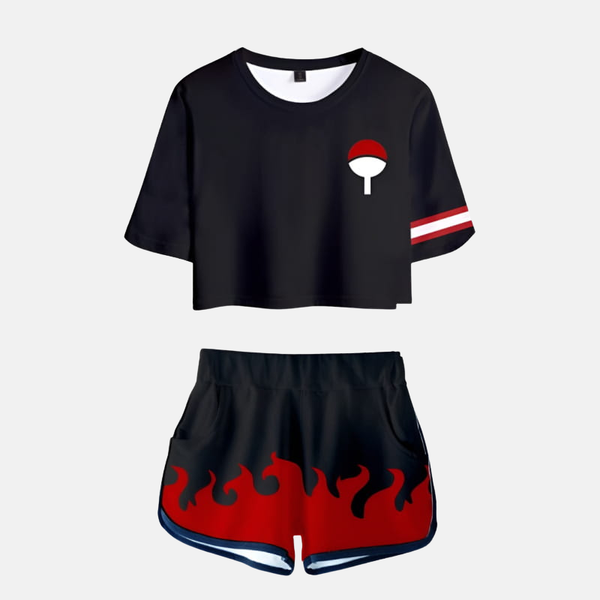 Ensemble pyjama femme noir : crop top avec éventail Uchiha rouge/blanc, short noir assorti avec détails rouges.