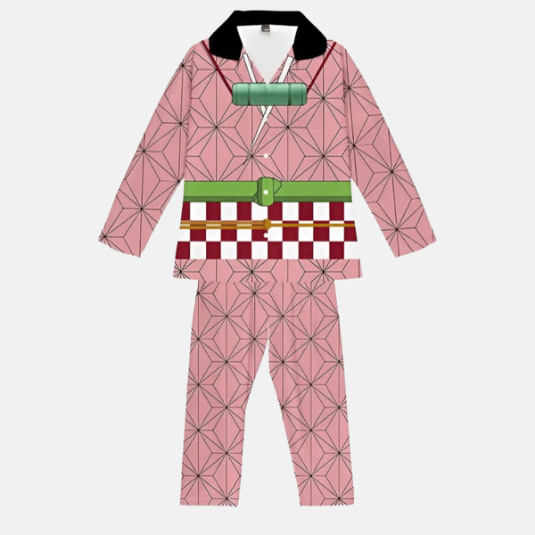 Ensemble pyjama femme/unisexe Demon Slayer composé d'une chemise à manches longues et d'un pantalon long, arborant le motif Asanoha rose du kimono de Nezuko.