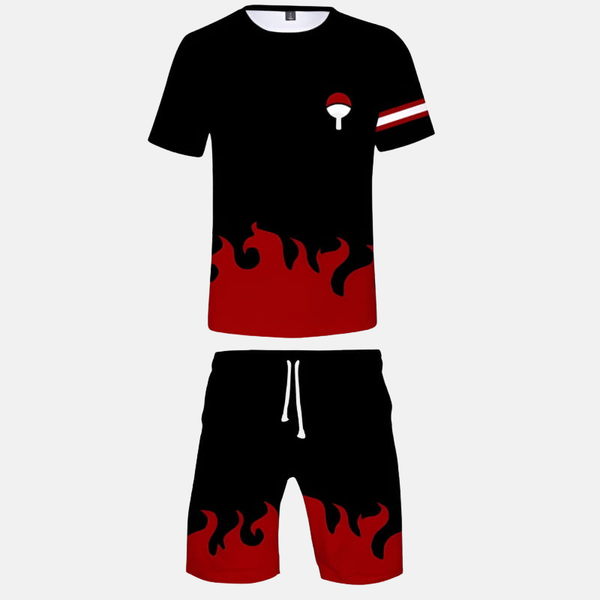 Ensemble pyjama short noir pour adulte : T-shirt avec éventail Uchiha et flammes rouges, short avec flammes rouges.