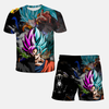 Ensemble pyjama court noir pour adulte, T-shirt et short avec un design vibrant inspiré du Ki Divin (Super Saiyan God/Blue) de Dragon Ball Z.