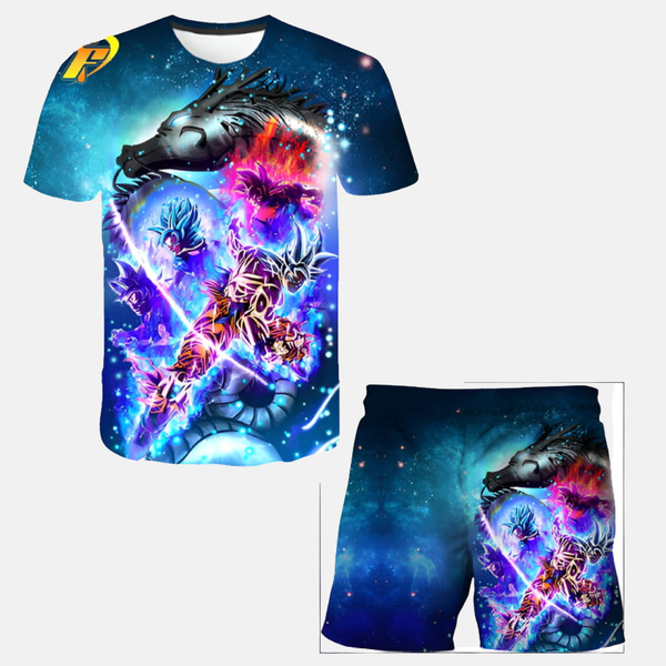 Ensemble pyjama short Dragon Ball Z : T-shirt et short avec un motif intégral et vibrant de Son Goku en Super Saiyan God, entouré de son aura rouge.