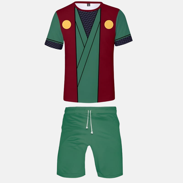 Ensemble pyjama short Naruto : T-shirt vert avec détails rouges et symbole "Abura", short vert assorti. Inspiré de Jiraiya.