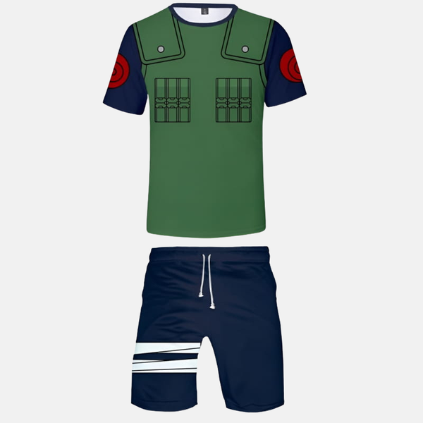 Ensemble pyjama short Naruto : T-shirt imitant le gilet Jonin vert sur fond bleu marine, short bleu marine assorti. Inspiré de Kakashi Hatake.