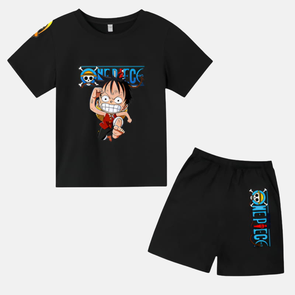 Ensemble pyjama court noir pour adulte : T-shirt avec design de Luffy et short avec Jolly Roger des Mugiwara.