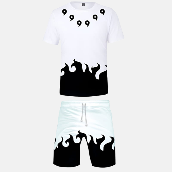 Ensemble pyjama short Naruto : T-shirt blanc avec symboles Rikudô noirs (col, dos), short noir assorti. Inspiré de Madara Uchiha.