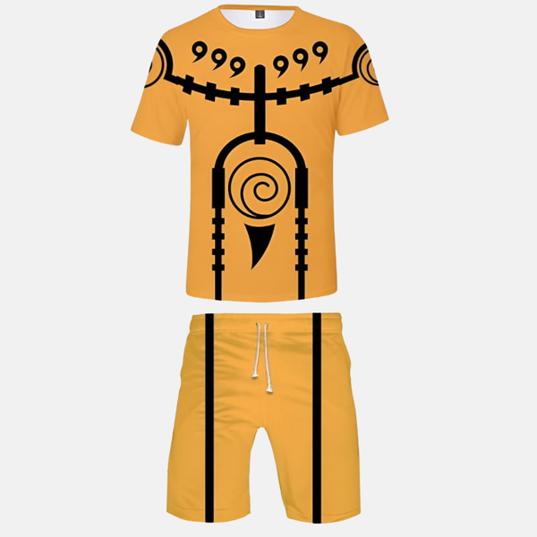 Ensemble pyjama short Naruto : T-shirt orange avec motifs noirs et sceau du Mode Kyubi, short noir assorti avec détails oranges.