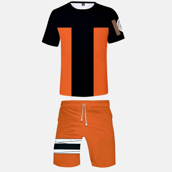 Ensemble pyjama short Naruto pour adulte : T-shirt noir avec motifs orange style Mode Sage Rikudô, short orange assorti.