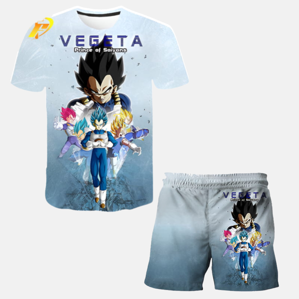 Ensemble pyjama short Dragon Ball Z : T-shirt blanc/gris avec design de Vegeta, short gris assorti avec design Vegeta.