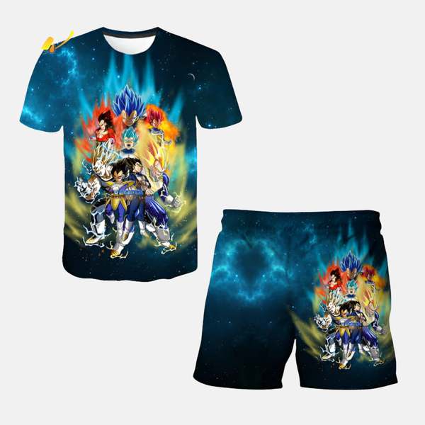 Ensemble pyjama short Dragon Ball Z : T-shirt et short noirs avec design coloré montrant les transformations de Vegeta (Super Saiyan, etc.).