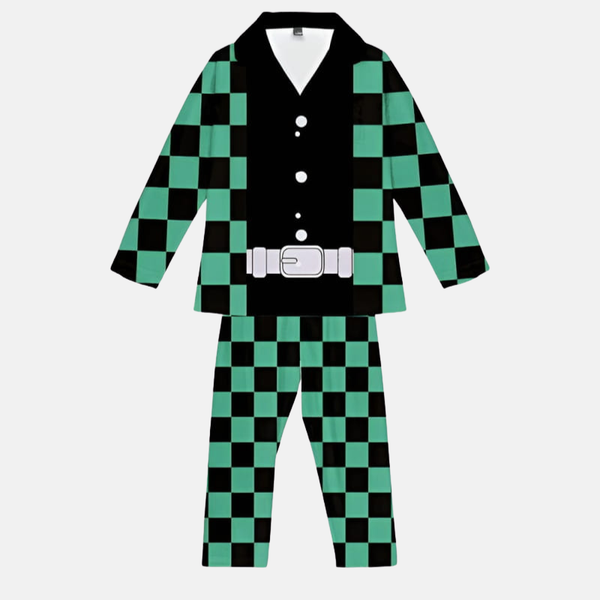 Ensemble pyjama adulte Demon Slayer : chemise à manches longues et pantalon long arborant le motif damier vert et noir du haori de Tanjiro Kamado.