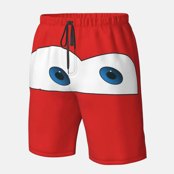 Short de bain rouge avec le visage de Flash McQueen (yeux et sourire) imprimé sur le devant, avec cordon de serrage noir.