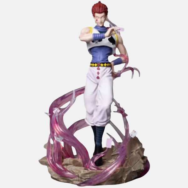 Statue de Hisoka Morow (32cm), vue de face, dans une pose de combat, entouré par une spirale de Nen rose et translucide représentant son Bungee Gum.