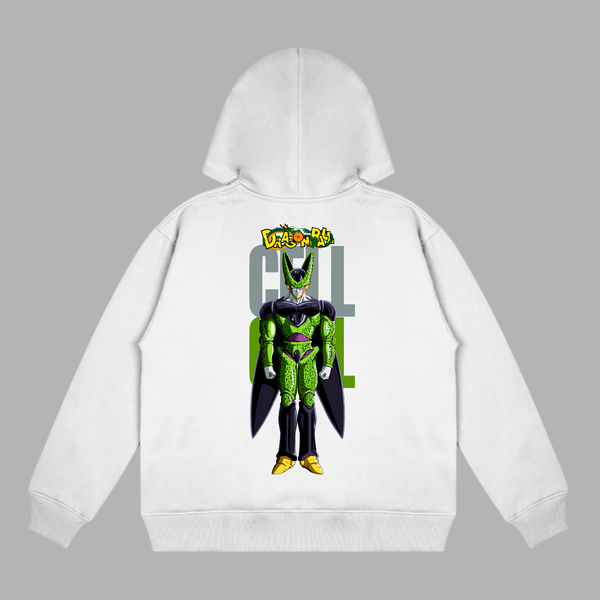 Sweat Cell Forme Parfaite, version blanche avec illustration de Cell debout en posture intimidante, univers Dragon Ball Z
