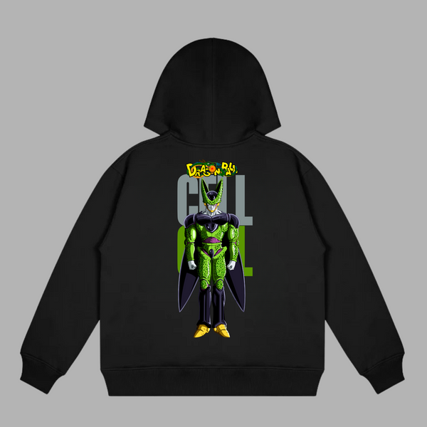 Sweat Cell Forme Parfaite, version noire avec illustration de Cell debout en posture intimidante, univers Dragon Ball Z