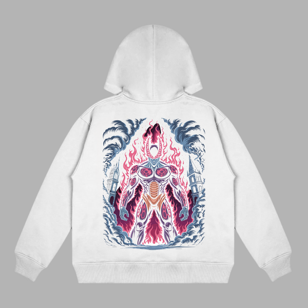 Sweat Cell Max Flamme Pourpre, version blanche avec illustration de Cell entouré de flammes violettes, univers Dragon Ball