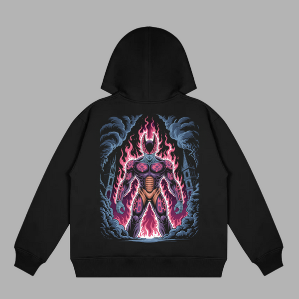 Sweat Cell Max Flamme Pourpre, version noire avec illustration de Cell entouré de flammes violettes, univers Dragon Ball