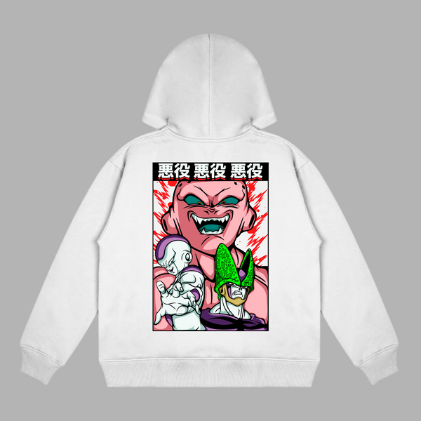 Sweat Freezer Cell et Majin Boo, version blanche avec illustration des trois grands méchants de Dragon Ball