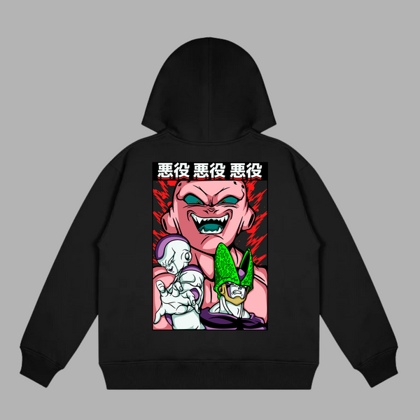 Sweat Freezer Cell et Majin Boo, version noire avec illustration des trois grands méchants de Dragon Ball