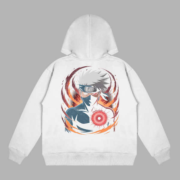 Sweat Kakashi Sharingan Obscur blanc avec illustration détaillée de Kakashi Hatake