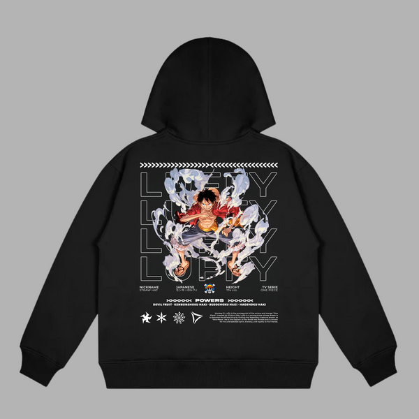 Sweat Luffy Aura de Puissance, version noire avec illustration de Luffy entouré d’une aura blanche, univers One Piece
