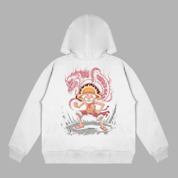 Sweat Luffy Dragon Rouge, version blanche avec illustration de Luffy et d’un dragon rouge, univers One Piece