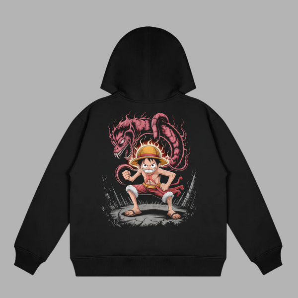 Sweat Luffy Dragon Rouge, version noire avec illustration de Luffy et d’un dragon rouge, univers One Piece