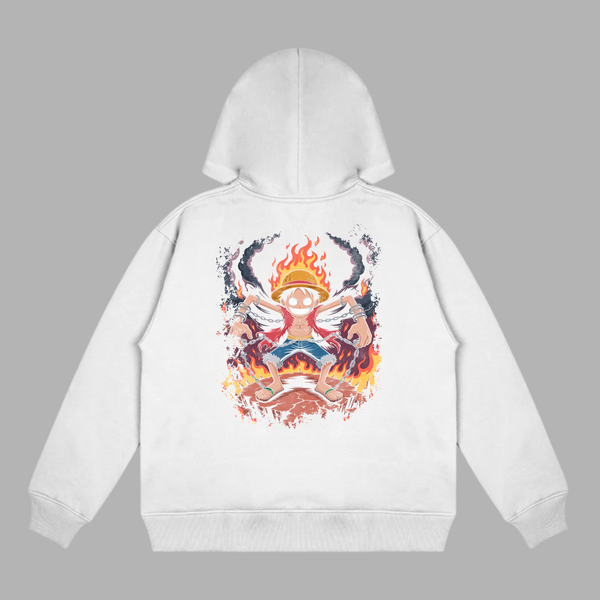 Sweat Luffy Enchaîné en Flammes, version blanche avec illustration de Luffy enchaîné entouré de flammes, univers One Piece
