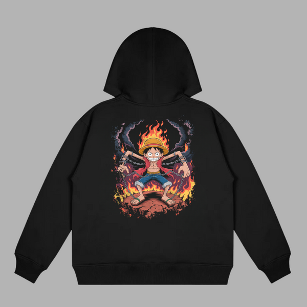 Sweat Luffy Enchaîné en Flammes, version noire avec illustration de Luffy enchaîné entouré de flammes, univers One Piece
