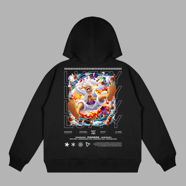 Sweat Luffy Gear 5, version noire avec illustration de la transformation ultime de Luffy, univers One Piece