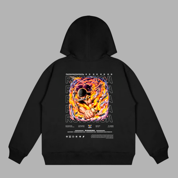 Sweat noir One Piece Luffy Gear Fourth entouré de flammes spectaculaires