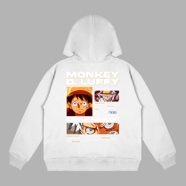 Sweat Luffy King of Freedom, version blanche avec design graphique de Luffy inspiré de One Piece