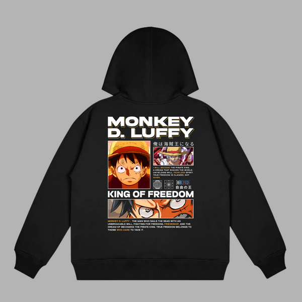 Sweat Luffy King of Freedom, version noire face avant avec logo Figurine Geek, univers One Piece