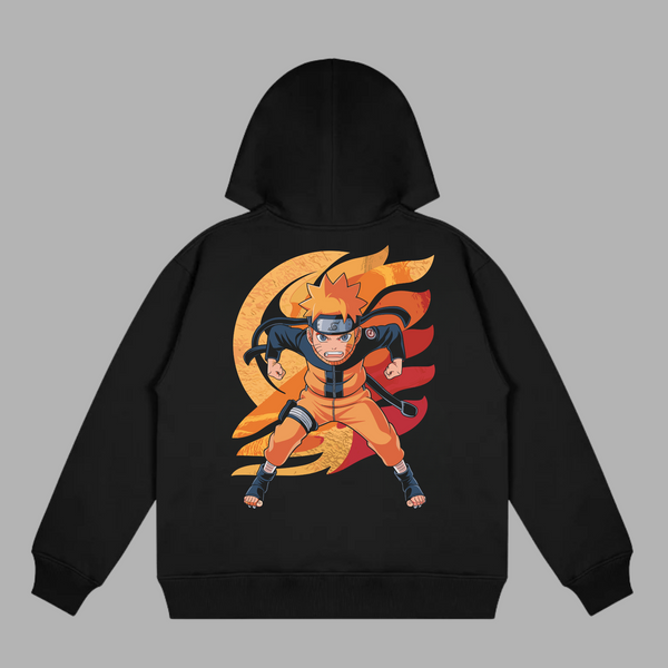 Sweat Naruto Chakra de Feu noir avec illustration détaillée de Naruto enveloppé d’une aura ardente