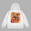 Sweat Naruto Flamme Déchaînée blanc avec design détaillé de Naruto entouré de flammes intenses