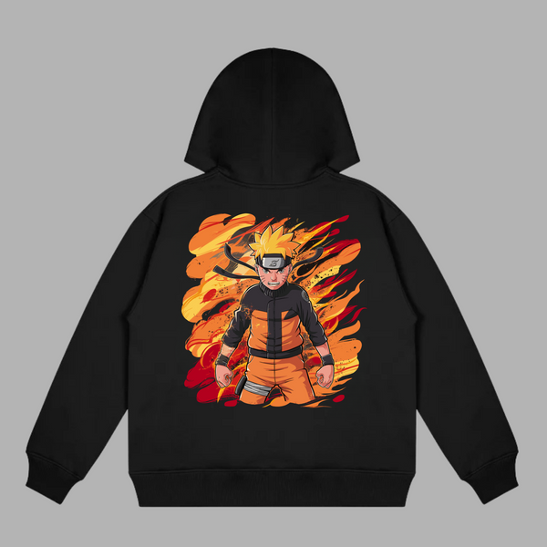 Sweat Naruto Flamme Déchaînée noir avec illustration flamboyante de Naruto entouré de flammes