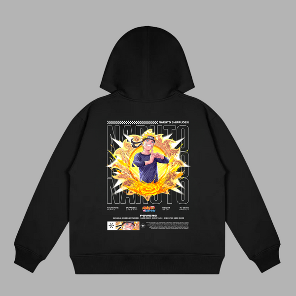 Sweat Naruto Shippuden noir avec illustration de Naruto en mode chakra entouré de flammes ardentes
