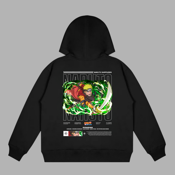 Sweat Naruto Shippuden noir avec illustration de Naruto entouré d’une aura verte éclatante