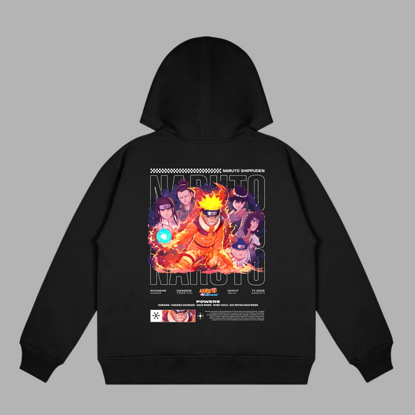 Sweat Naruto Shippuden noir avec illustration Naruto Kyubi entouré de l’équipe de Konoha