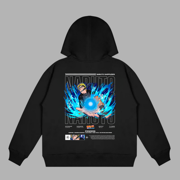 Sweat Naruto Shippuden noir avec illustration de Naruto lançant le Rasengan entouré d’énergie bleue