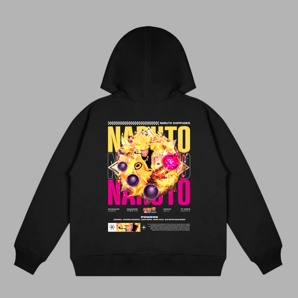 Sweat Naruto noir avec illustration détaillée de Naruto en Mode Sage des Six Chemins entouré de son aura dorée et des orbes