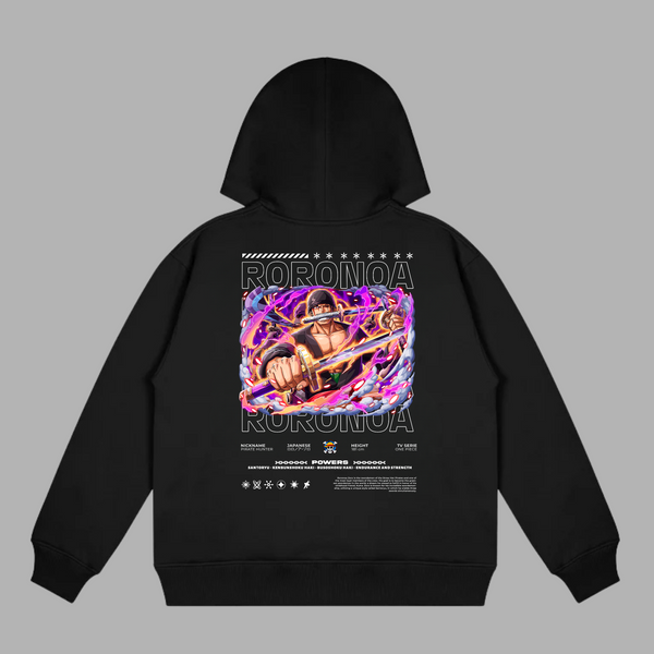 Sweat noir One Piece Roronoa Zoro entouré d’une aura pourpre énergique
