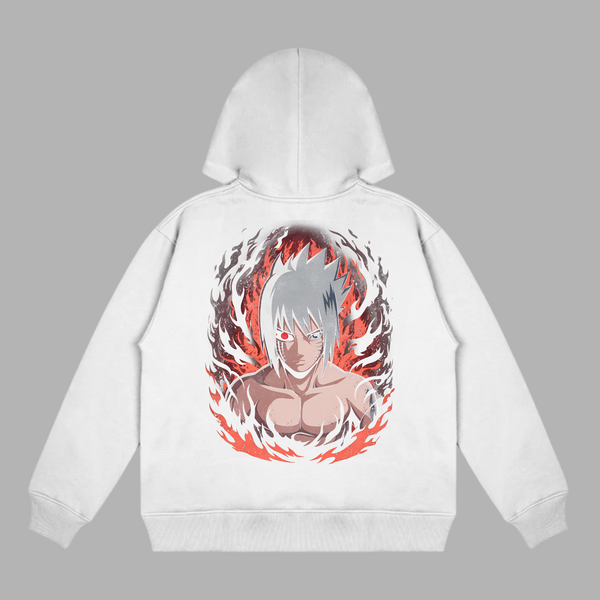 Sweat Sasuke Flamme Maudite blanc avec design Naruto mettant en avant Sasuke et son aura
