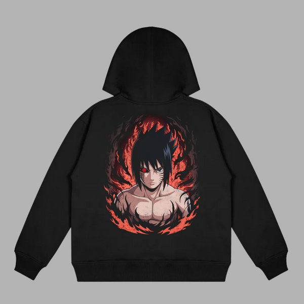 Sweat Sasuke Flamme Maudite noir avec illustration enflammée inspirée de Naruto