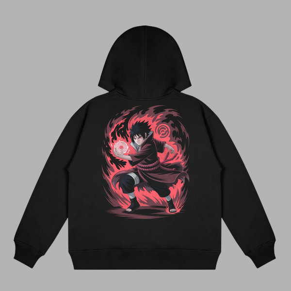 Sweat Sasuke Susanoo noir avec aura de flammes rouges design Naruto