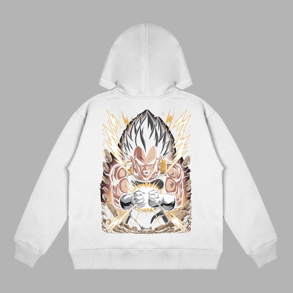 Sweat Vegeta Explosion d’Énergie blanc dos, Vegeta concentrant son énergie avec éclairs dorés Dragon Ball